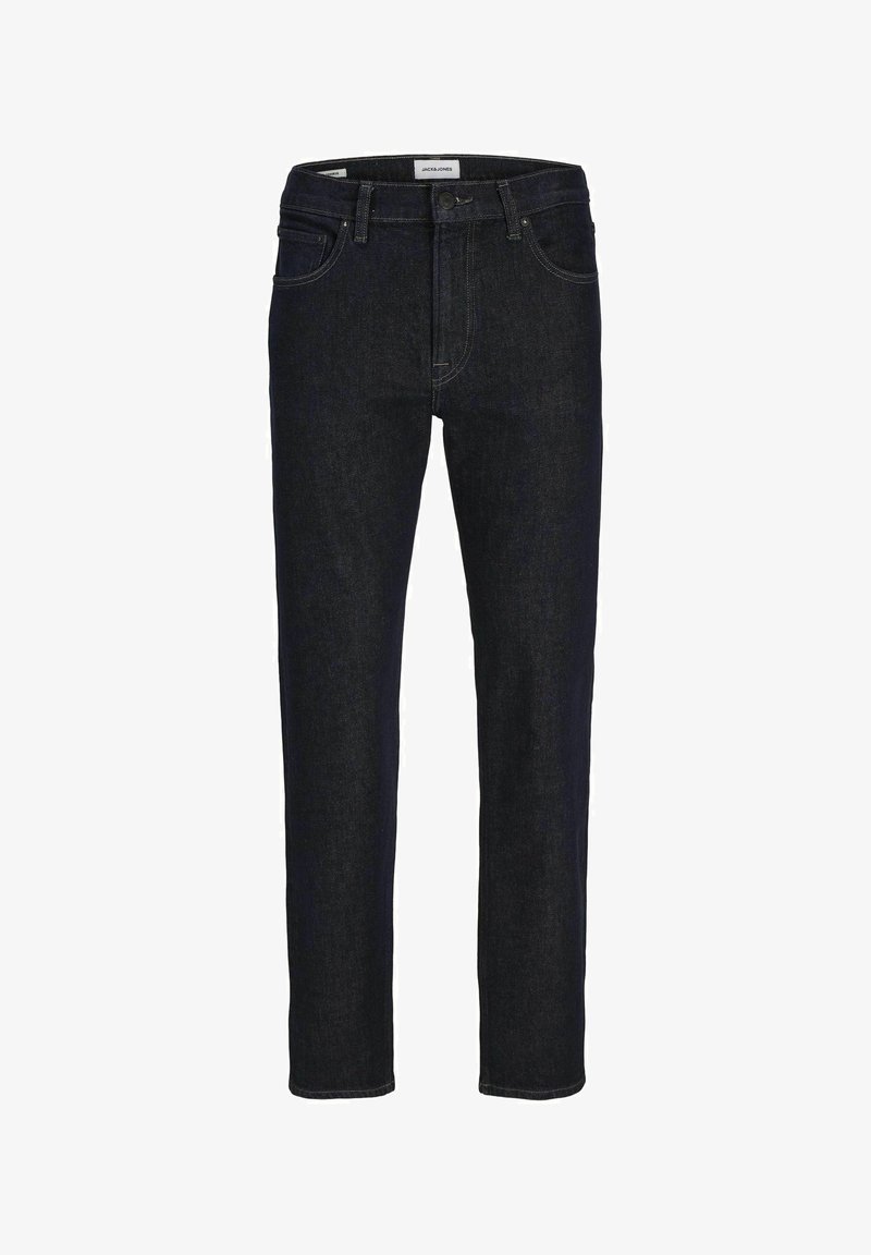 Tmavě modré džínové kalhoty se rovnýmu střihu, pěti kapsami, zapínáním na knoflík a zip na přední straně a jemnými švy po celém povrchu.