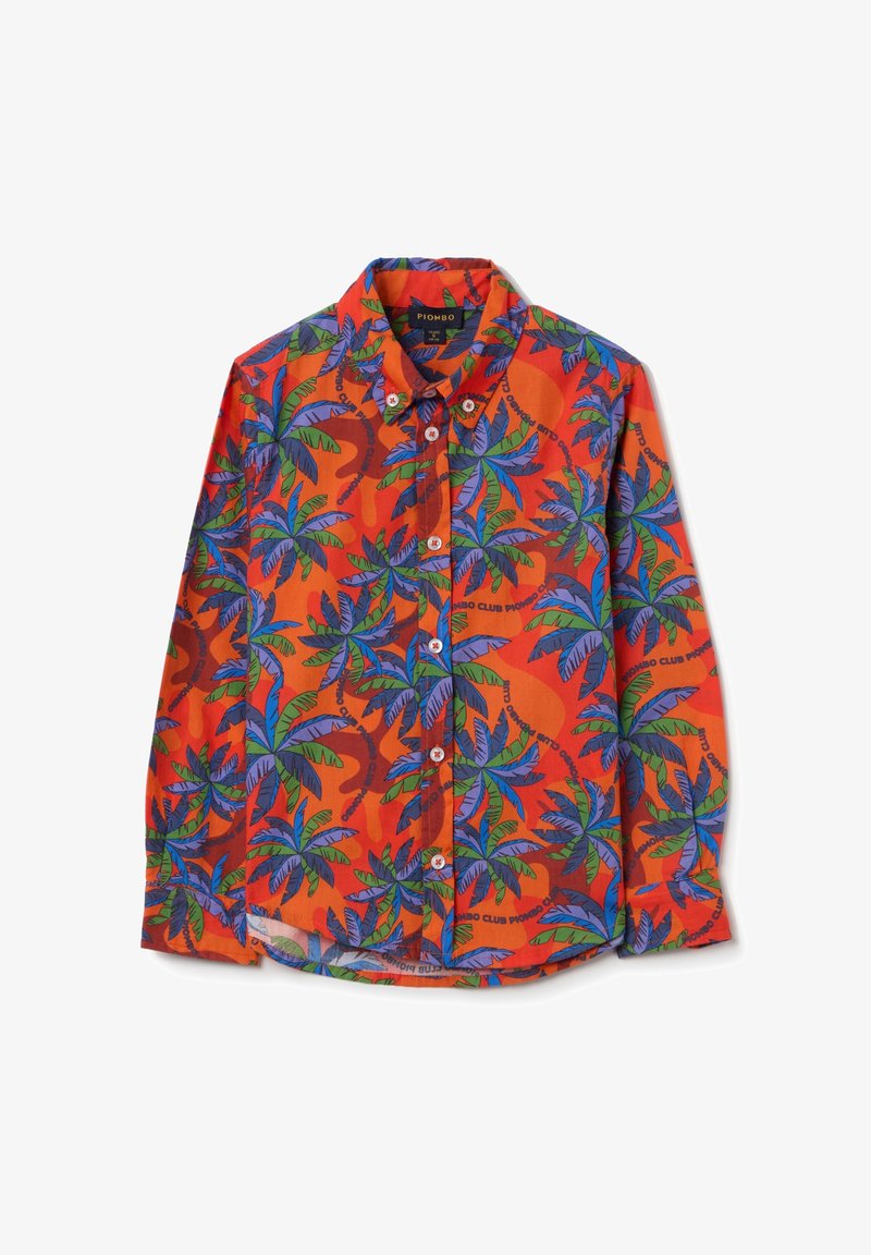 Camisa de manga corta en tejido naranja brillante con un patrón de hojas tropicales en verde y azul, con botones blancos y un cuello clásico.