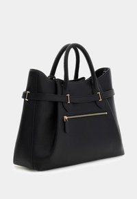 Borsa tote in pelle nera con doppio manico, tasca frontale con cerniera e dettagli in metallo dorato. Caratterizzata da una texture liscia e una forma strutturata.