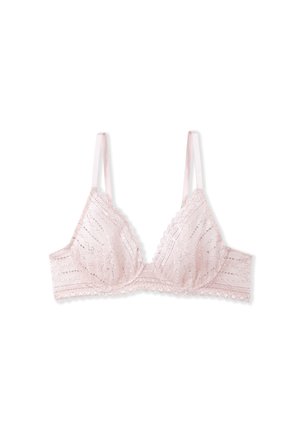 Spitzen-BH in zartem Rosa mit verstellbaren Trägern, scallopierten Kanten und filigranen Mustern auf einem durchsichtigen Material. Kabelloses Design.