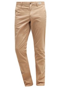 Chino in cotone beige con vestibilità slim, dotato di chiusura con bottone, passanti per la cintura e due tasche frontali. Texture liscia con dettagli minimi.