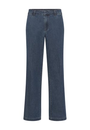 Mørkeblå denimjeans med lige ben, bæltestropper og forreste lynlås, vist mod en hvid baggrund.