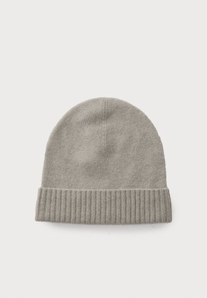 Gray knit beanie with a rounded top and ribbed cuff. Soft texture, minimal design, uniform color, and no visible logos or patterns.