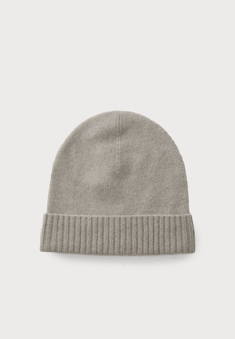 Gray knit beanie with a rounded top and ribbed cuff. Soft texture, minimal design, uniform color, and no visible logos or patterns.