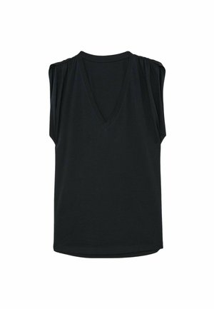 Čierny bezrukávový top s výstrihom do V a jemným rázvorom na ramenách, jednoduchý a voľný strih, zobrazený na bielom pozadí.