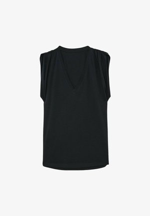 Czarny bezrękawnik z dekoltem w serek i delikatnym marszczeniem na ramionach, prosty i luźny krój, prezentowany na białym tle.