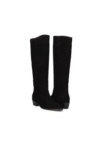 Zwarte suède kniehoge laarzen met een spitse neus, platte hak en een gladde textuur. Eenvoudig ontwerp zonder zichtbare hardware of versieringen.