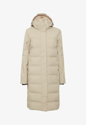 Abrigo puffer beige con capucha, con un diseño recto, textura acolchada y detalles en negro en los puños. Incluye cremallera y bolsillos.