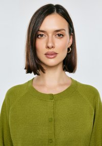 Žena s rovnými tmavě hnědými vlasy, nosí zlaté kruhové náušnice a zelený svetr na knoflíky, dívá se přímo do kamery na světlém pozadí.