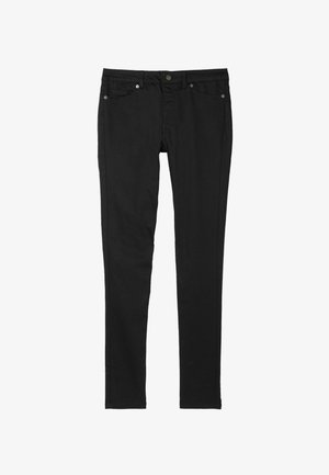 Jeans negre, slim-fit, cu cinci buzunare, închidere cu nasture și laxe pentru curea, prezentate întinse pe un fundal alb.