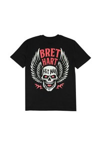 Schwarzes Baumwoll-T-Shirt mit einem Grafikdruck eines Schädels mit Flügeln, Text "BRET HART HIT MAN" und roten Akzenten.