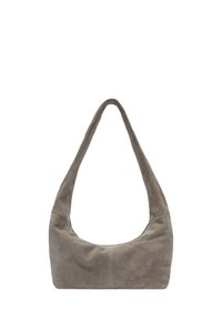 Szara zamszowa torba na ramię o zaokrąglonym, miękkim profilu i szerokim pasku. Posiada subtelne logo wytłoczone na przodzie.