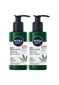 Two green bottles of Nivea Men Sensitive Pro Facial and Beard Balm, featuring a pump top, white labels, and a leaf pattern.