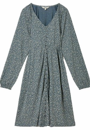 Robe à motif floral en tissu bleu, avec décolleté en V, manches longues, devant boutonné, taille froncée et jupe évasée.