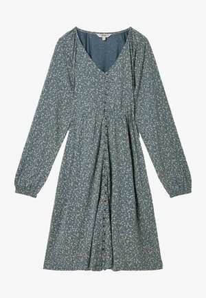 Robe à motif floral en tissu bleu, avec décolleté en V, manches longues, devant boutonné, taille froncée et jupe évasée.