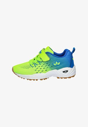 Athletic shoe in neon green and blue, featuring a breathable mesh upper, adjustable strap, and textured rubber sole with traction patterns.