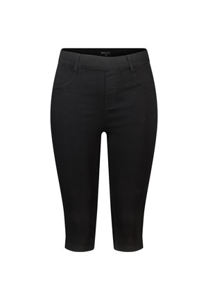 Zwarte knielange slim fit broek met voorzakken en riemlussen, ontworpen voor dames.