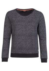 Sudadera negra con un patrón de puntos blancos dispersos, cuello redondo, mangas largas y puños y dobladillo acanalados. Textura suave.
