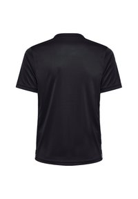 Svart sporttröja med kort ärm, tillverkad av mjukt tyg, med en klassisk rund halsringning och en rak nederkant med sidoventiler för ökad komfort.