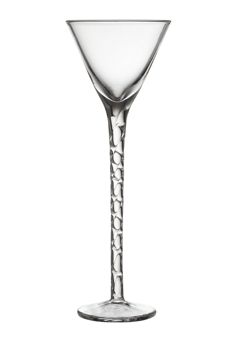 Klarer Glasmartiniglas mit breitem, offenem Rand, einem hohen, strukturierten Stiel mit runden Ausschnitten und einer stabilen runden Basis.