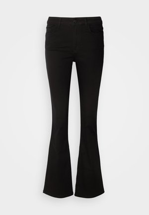 Black flared pants made of stretch fabric, featuring a waistband with belt loops and front pockets, smooth texture, and a tailored fit to the knee.