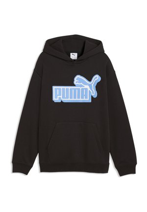 Sweat à capuche noir avec logo Puma bleu clair et texte sur la poitrine, avec une poche kangourou à l'avant et une capuche sans cordons.