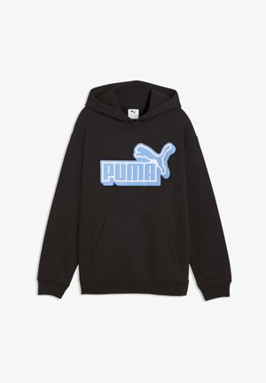 Czarna bluza z kapturem z jasnoniebieskim logo Puma i napisem na piersi, z przednią kieszenią kangurzą i kapturem bez sznureczków.