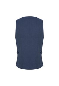 Granatowa kamizelka skrojona na miarę o gładkiej teksturze, stukturalnym kształcie i detalach z guzikami po bokach. Minimalistyczny design, pokazany widok z tyłu.