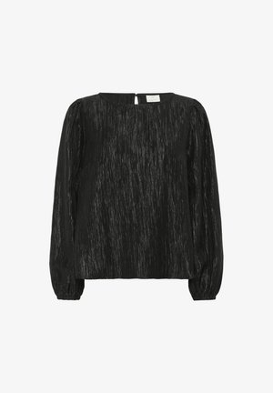 Schwarze Bluse mit langen Ärmeln aus einem strukturierten, leicht glänzenden Stoff. Verfügt über einen quadratischen Ausschnitt und elastische Manschetten. Mit einem Schlitzdetail im Rücken.