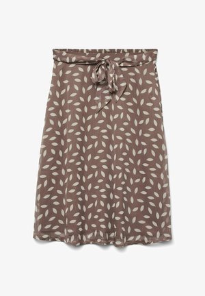 Smeđa suknja s uzorkom izrađena od lagane tkanine s dezenom lista u krem boji, s vezanom trakom u struku i raširenim krojem.
