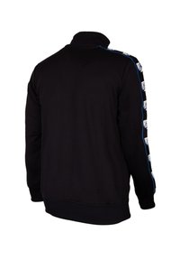 Zwarte zip-up sweatshirt met hoge kraag, ribbelmanchetten en opvallende blauwe zijkanten met herhaalde logodesigns. Zachte, gestructureerde stof.