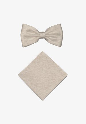 Beige textured fabric bow tie and matching pocket square displayed on white background.