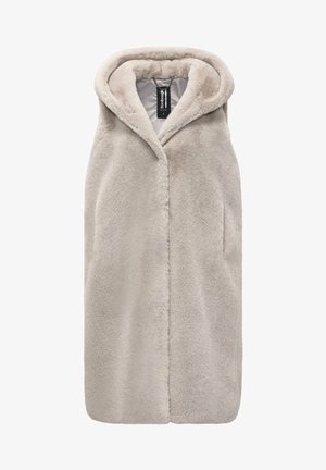 Chaleco sin mangas de piel sintética beige claro con capucha grande y cierre frontal oculto, diseñado para calidez y estilo.