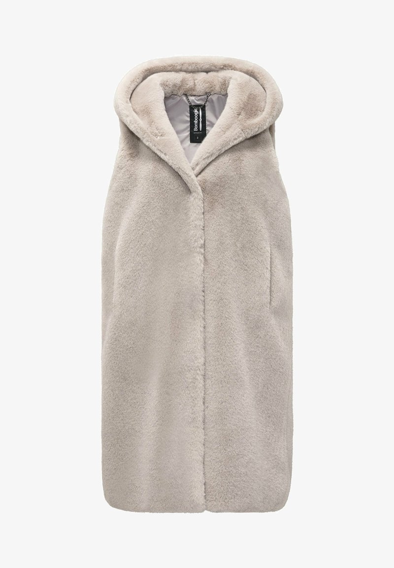 Veste sans manches en fausse fourrure beige clair avec grande capuche et fermeture frontale cachée, conçue pour la chaleur et le style.