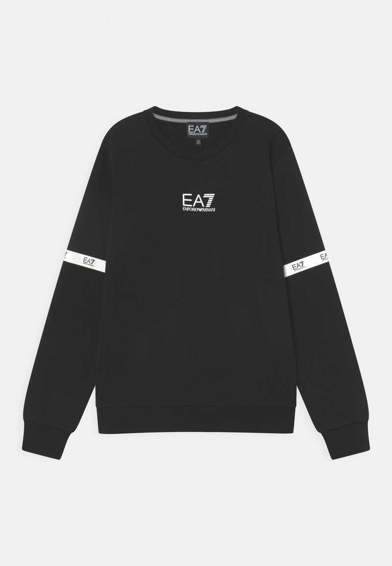 Black sweatshirt made of soft fabric, featuring a round neckline, long sleeves, and EA7 logo in white on the front and sleeve accents.