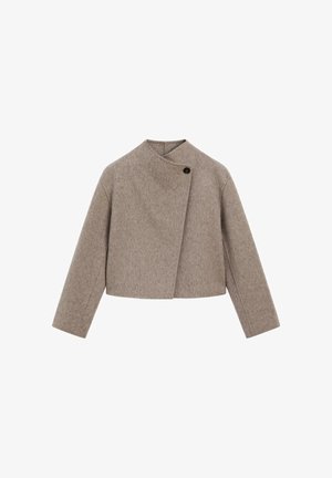 Braune Wollmischung, taillierte Jacke mit hohem Kragen, asymmetrischer Vorderseite, einem schwarzen Knopfverschluss und langen Ärmeln. Glatte Textur.