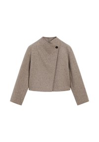 Brun uldblandet cropped jakke med høj krave, asymmetrisk front, enkelt sort knaplukning og lange ærmer. Glat tekstur.