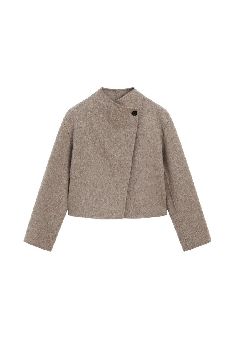 Brun uldblandet cropped jakke med høj krave, asymmetrisk front, enkelt sort knaplukning og lange ærmer. Glat tekstur.
