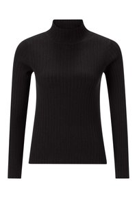 Schwarzer gerippter Rollkragenpullover mit langen Ärmeln und taillierter Silhouette, die den dehnbaren Stoff und die strukturierte Oberfläche hervorhebt.