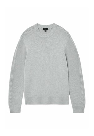 Világosszürke kötött hosszú ujjú pulóver bordázott kerek nyakkal, mandzsettával és szegéllyel, texturált kötésmintával az ujjak mentén.