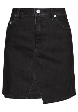 Mustat denim-minihame, jossa epäsymmetrinen etusauma, nappi- ja vetoketjukiinnitys sekä etutaskut niittiyksityiskohdilla.