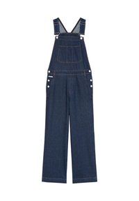 Tmavě modré džínové lacláče s nastavitelnými popruhy, přední kapsou, širokými nohavicemi a bočními knoflíky pro bezpečné nošení. Hladký povrch, klasický design.