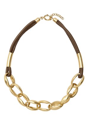 Krótki naszyjnik z dużymi, teksturowanymi złotymi oczkami i ciemnobrązowymi skórzanymi paskami połączonymi złotymi zapięciami z regulowanym łańcuszkiem.