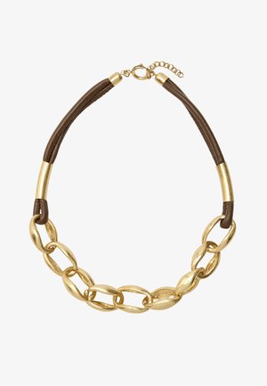 Krótki naszyjnik z dużymi, teksturowanymi złotymi oczkami i ciemnobrązowymi skórzanymi paskami połączonymi złotymi zapięciami z regulowanym łańcuszkiem.