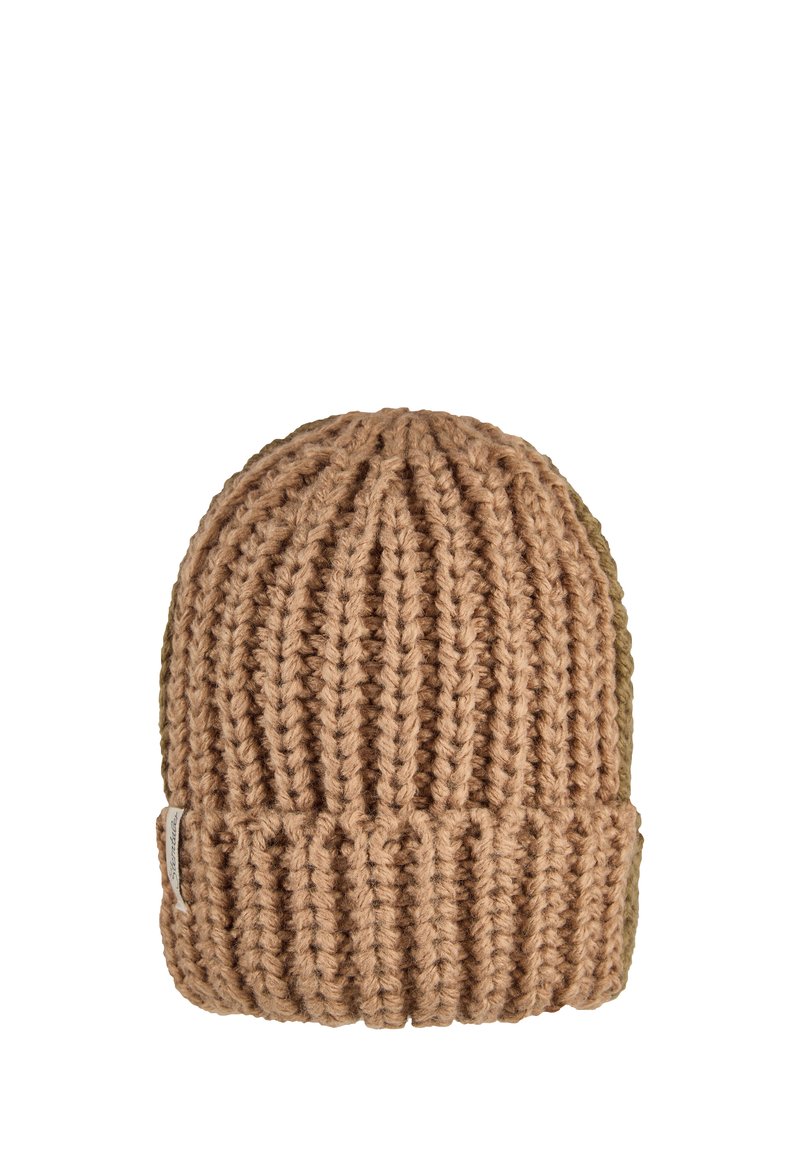 Knit beanie in light brown, featuring a ribbed texture and a folded cuff. Includes a small label on the side for branding.