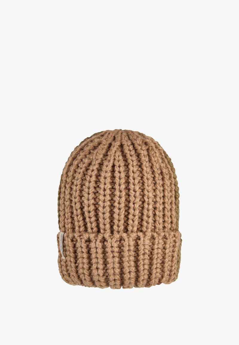 Strickmütze in Hellbraun, mit gerippter Textur und umgeschlagenem Saum. Enthält ein kleines Etikett an der Seite zur Markenkennzeichnung.