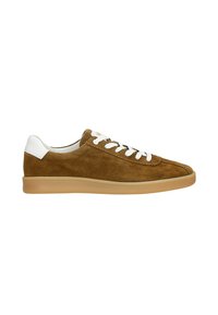Braune Wildleder-Sneaker mit weißen Akzenten, flachen Schnürsenkeln und einer Gummisohle. Verfügt über eine runde Zehenpartie und gestickte Details im oberen Bereich.