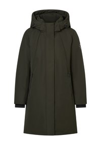 Tmavě zelený zateplený kabát s vysokým límcem a kapucí, vybavený zipovými bočními kapsami a kontrastními černými manžetami. Hladká textura, délka ke kolenům.
