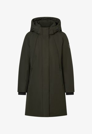 Cappotto isolante verde scuro con collo alto e cappuccio, dotato di tasche laterali con zip e polsini neri a contrasto. Texture liscia, design fino al ginocchio.