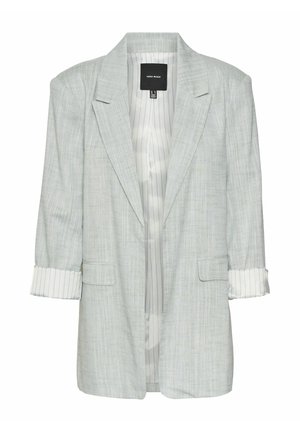 Svijetlosivi sako opuštenog kroja, teksturirane tkanine, s dva prednja džepa i prugastim manžetama. Potpuno obložen s unutrašnjosti u trakastom uzorku.